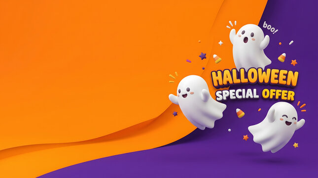 Playful 3D cartoon white ghosts on tangerine orange and violet split background for sale poster