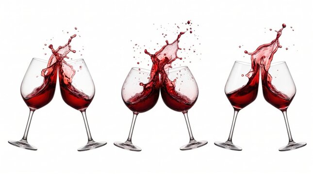 Three pairs of wine glasses clinking together with red wine splashing out, isolated on a white background