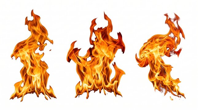Three distinct, isolated fire flame clusters with bright yellow, orange, and red tongues of fire against a solid white background