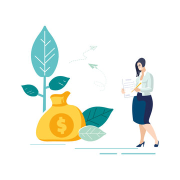 Business finance, people. Financial expert businesswoman makes calculation analyzes cash profit from gold dollar profit, money bag. Bank, savings, banking, green money tree. Vector illustration
