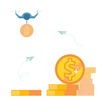 Drone. Business presentation, poster. Delivery of gold dollar coins, dollars cents, to new business project. Dollars on payment card, achieving financial goal, growth, accumulation Vector illustration