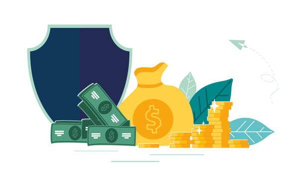 Business presentation of finance, banner. Shield, protection and accumulation of gold dollar coins, cents to a new business project. Achieving a financial goal, growth accumulation Vector illustration