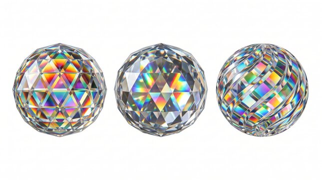 Three faceted glass spheres with iridescent rainbow light refraction, isolated on a white background, geometric crystal ball patterns