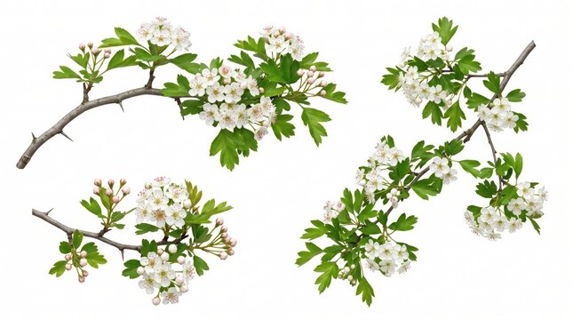 Three separate hawthorn branches with white blossoms, green leaves, and sharp thorns isolated on a white background
