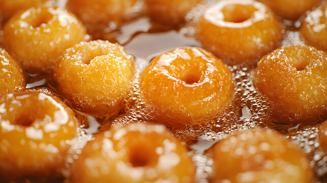 Golden-brown doughnuts glistening with syrup, arranged closely in a rich, sweet, indulgent close-up that highlights their sugary texture and warm, inviting appearance.