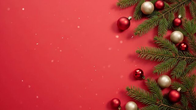 Red Christmas Background with Pine Border and Ornaments Featuring Generous Copy Space Motion Graphic Loop for Holiday Greetings
