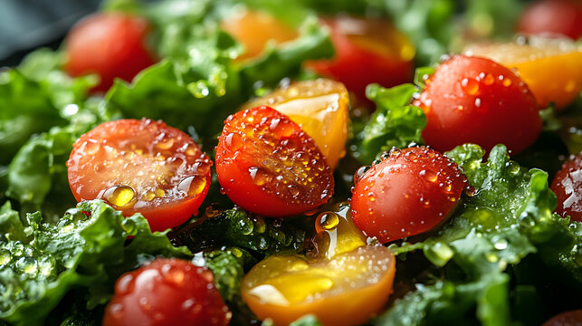 A close-up of vibrant cherry tomatoes and crisp kale leaves glistening with fresh dressing, capturing the juicy texture and colorful appeal of a healthy salad, highlighting oil elements.