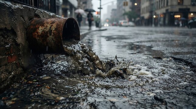 Polluted wastewater flowing from an old rusty industrial pipe onto a city street during heavy rain.