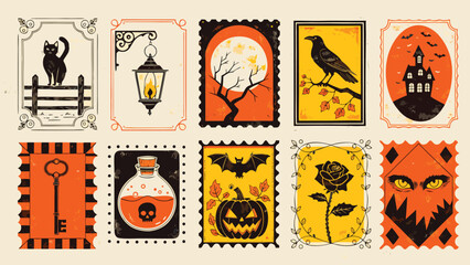 Set of vintage halloween decorative frames with spooky icons and © Sourovkumarmohonto