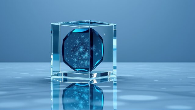 Crystal cube contains glowing octahedron. Reflection visible on surface. Blue tones dominate composition, creating futuristic feel.