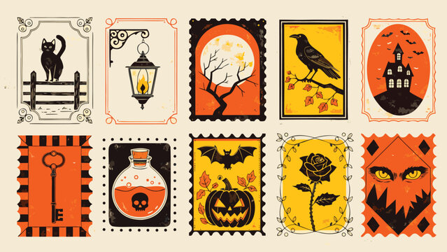 Set of vintage halloween decorative frames with spooky icons and