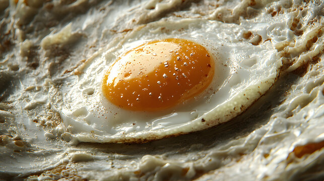 A close-up of a perfectly fried egg with a vibrant yellow yolk and crispy edges, glistening with oil droplets on its surface, featuring intricate frying details.