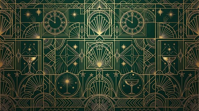 Art deco geometric pattern with gold lines and clocks on a green background