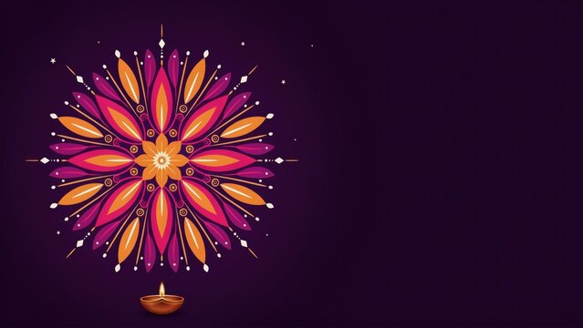 A vibrant traditional diwali graphic with colorful floral mandala and single diya