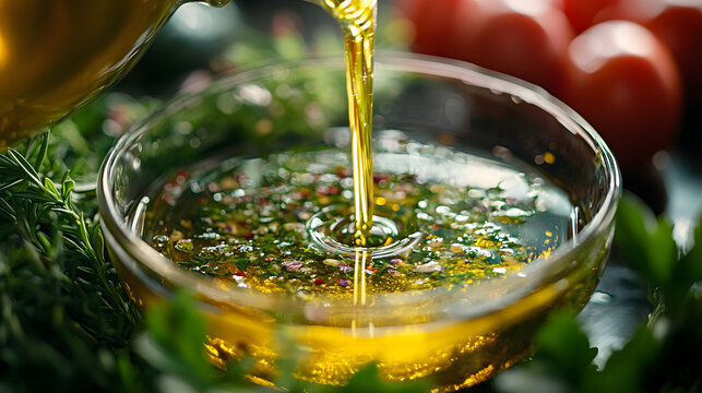 Golden oil pours into a glass bowl filled with vibrant herbs and spices, creating a rich, aromatic culinary scene perfect for gourmet recipes and food styling, highlighting poured elements.