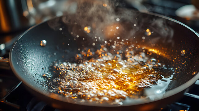 Golden cooking oil bubbles and steam rise from a hot frying pan, capturing the sizzle of food preparation in warm, inviting kitchen light, highlighting swirling elements.