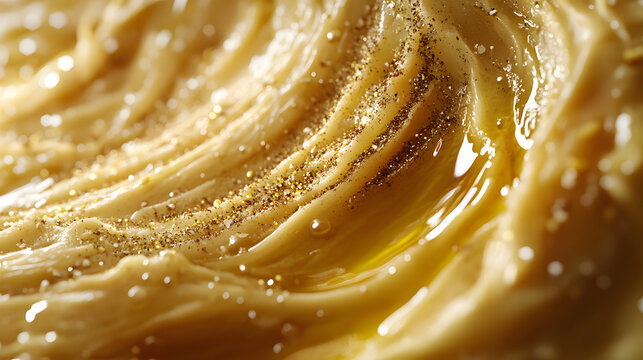 A close-up of creamy hummus with golden oil pooling and spices sprinkled across its surface, showcasing rich texture and appetizing detail, highlighting food elements.