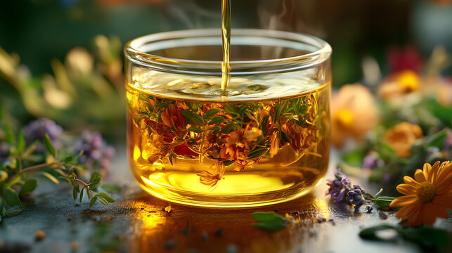 Golden oil pours into a glass jar filled with vibrant herbs, surrounded by colorful flowers and fresh botanicals in a warm, natural setting, highlighting pouring elements.