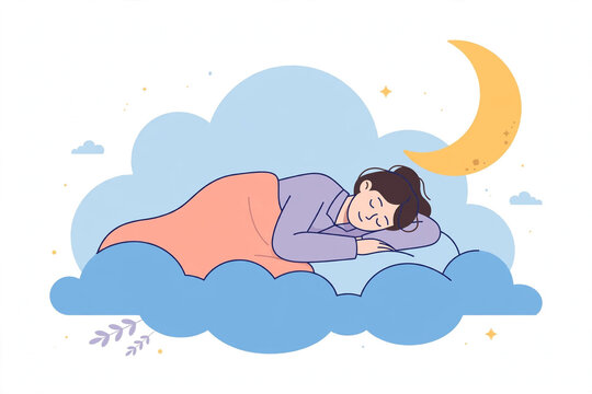 Flat vector illustration of person sleeping peacefully on cloud with crescent moon