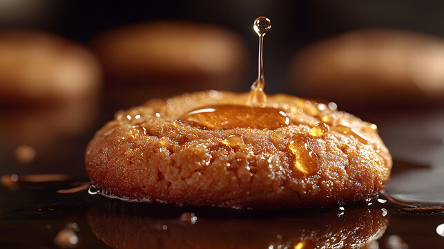 A close-up of a warm, freshly baked cookie glistening with a single drop of honey suspended above its surface, creating an appetizing and inviting scene, highlighting droplet elements.