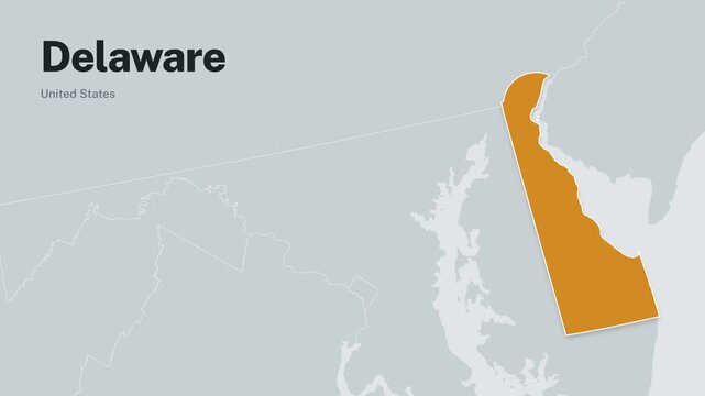 Small Delaware picked out in orange on a grey map of the United States, then a smooth zoom to the First State