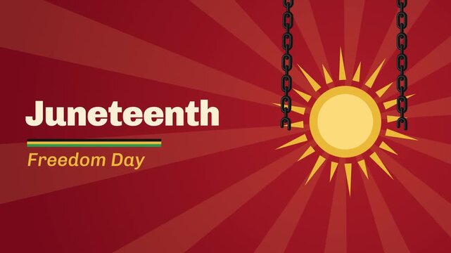 Chain link snaps and two chains swing apart to reveal a golden sun behind the word Juneteenth, Freedom Day