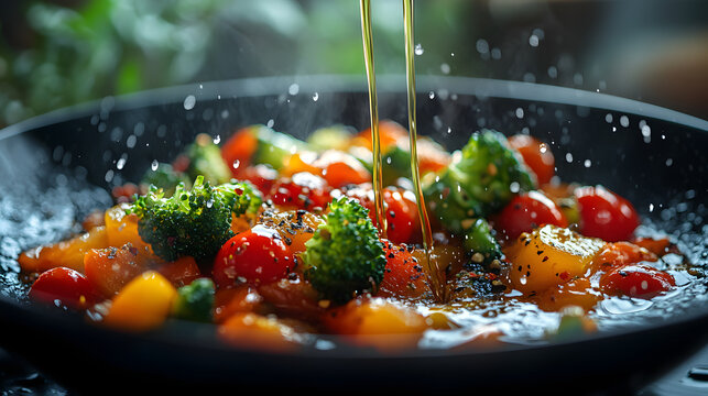 Golden oil cascades over vibrant vegetables sizzling in a dark pan, capturing the rich textures and vivid colors of fresh ingredients being cooked, highlighting broccoli elements.