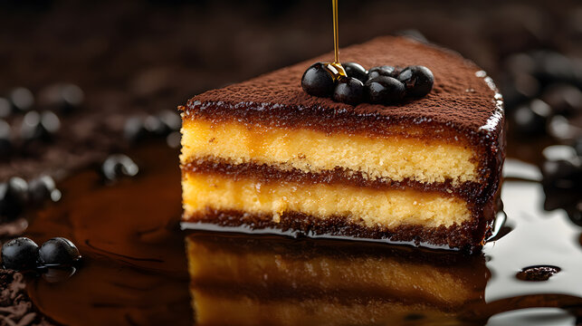 A decadent slice of chocolate cake with glossy syrup pooling around its base, topped with fresh blueberries and a drizzle of golden liquid, set against a dark textured background.