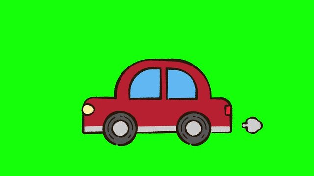 落書き風のゆるいテイストで書かれた赤色の車が動いているアニメーション