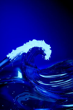 Futuristic 3D digital ocean wave with luminous blue data currents and abstract cyber energy