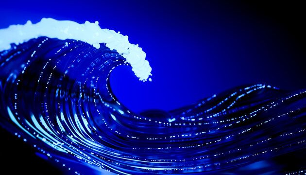 Abstract 3D cyber ocean swell with glowing particles and streaming digital signals