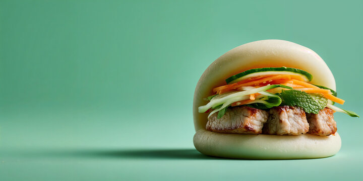 Steamed bao bun stuffed with tender pork, cucumber slices, shredded carrot and fresh mint, photographed side-on against a pastel mint green background with copy space.