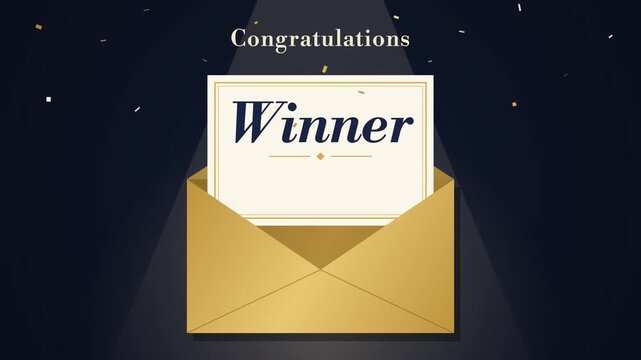 Gold envelope opens under a spotlight and a Winner card slides out as foil confetti falls