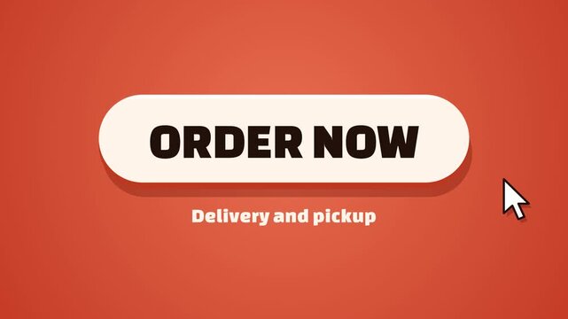 Cursor clicks a big Order Now button on tomato red, sending out ripple rings, with Delivery and pickup below