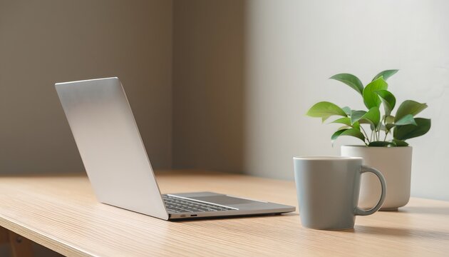 Minimalist Workspace with Laptop and Green Plant