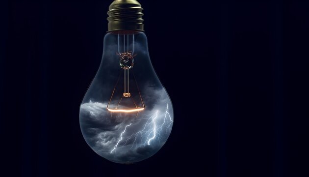 Storm Inside Light Bulb with Lightning and Clouds