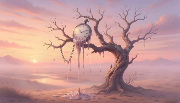 Ethereal Sunset Scene with Melting Pocket Watch and Twisted Tree