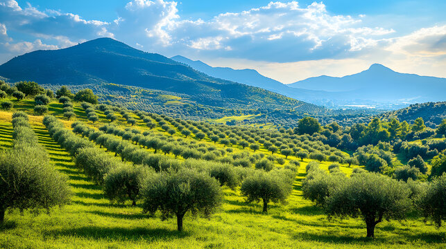Rows of lush olive trees stretch across sunlit hills under a bright blue sky with scattered clouds, capturing the serene beauty of Mediterranean countryside, highlighting landscape elements.