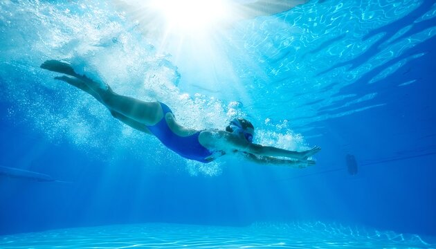 Graceful Underwater Swim Sunlit Blue Pool