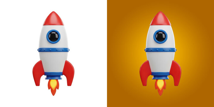 A cute cartoon rocket ship flying with red and blue colors 3D