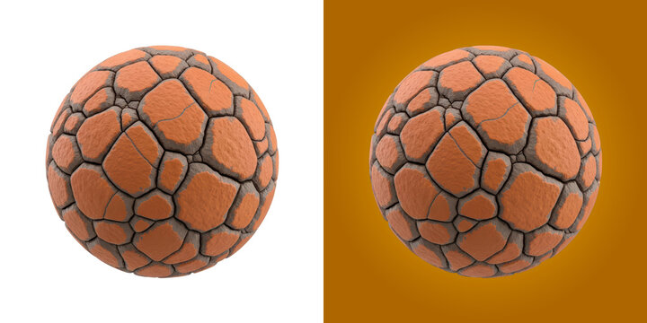 3D render of an orange stone textured sphere showing a crack pattern