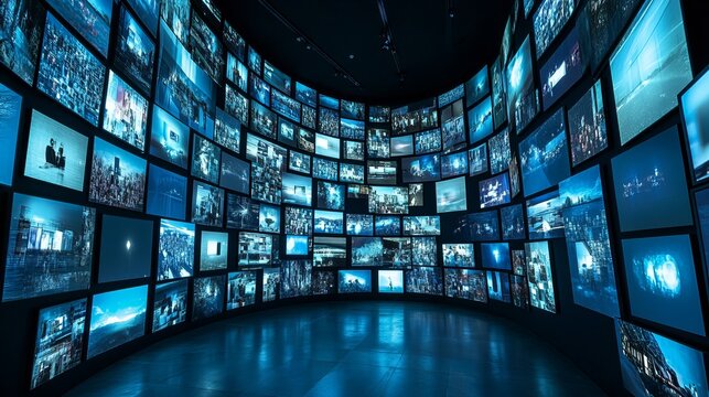 Curved wall covered with glowing blue television screens displaying digital media art inside modern dark exhibition room