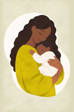 Black mother embracing sleeping baby in tender maternal love and newborn care illustration