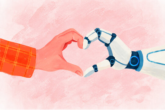 Human hand and robotic hand forming heart symbol for artificial intelligence empathy illustration