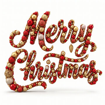 Merry Christmas 3D lettering composed of red and gold ornaments, festive holiday typography with baubles and stars, luxury seasonal greeting on white
