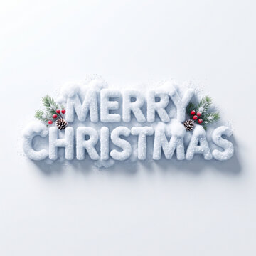 Snowy Merry Christmas 3D text with pine needles and red berries, winter holiday greeting on white background, festive seasonal typography