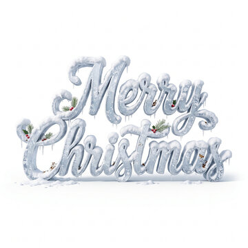 Frozen Merry Christmas 3D text with icicles and snow, winter holiday greeting on white background, icy seasonal typography with holly berries