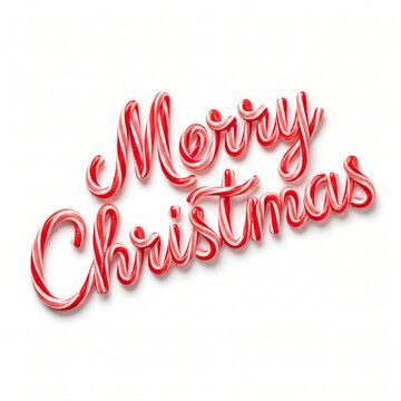 Candy cane Merry Christmas typography, red and white peppermint striped holiday lettering, festive 3D sweet treat text isolated on white background