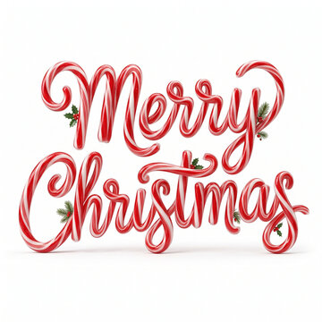 Festive candy cane Merry Christmas lettering, red and white striped holiday typography, 3D seasonal greeting for winter celebrations