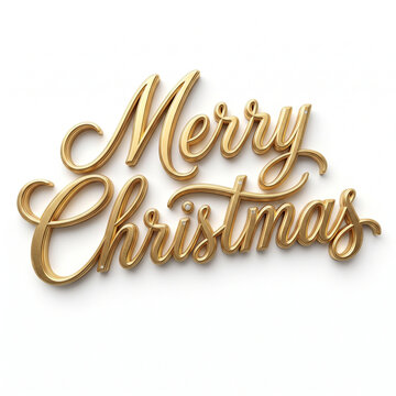 Metallic gold Merry Christmas 3D lettering, elegant holiday script on white background, luxury festive typography for seasonal marketing
